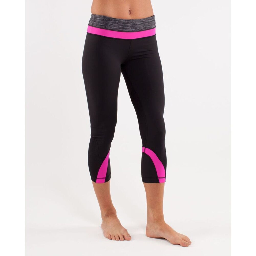 Lululemon Womens Leggings Black Pink Run Inspire Crop II Pull On Stretch Size 6 - Picture 2 of 5